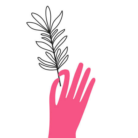 Vector illustration with floral branch and pink human hand. Trendy doodle print designのイラスト素材