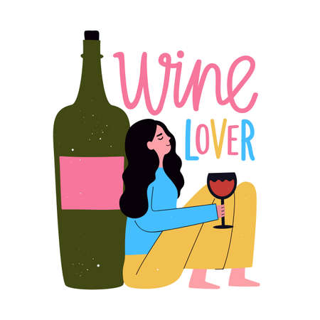 Vector illustration with woman, bottle of wine and glass. Wine lover lettering phrase. Trendy apparel print design, colored typography posterのイラスト素材