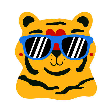 Vector illustration with cute tiger in blue sunglasses. Trendy flat style print design with wild animal, childish character for sticker or greeting cardのイラスト素材
