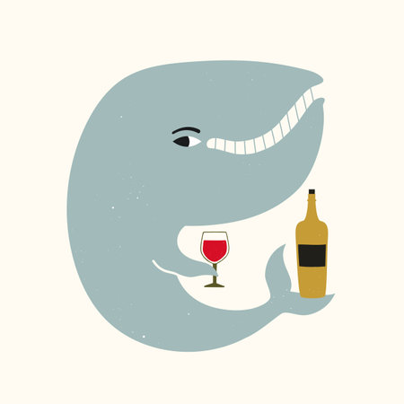 Vector illustration with blue whale holding glass of red wine and green bottle. Trendy print design with ocean animal, bar wall decoration poster templateのイラスト素材