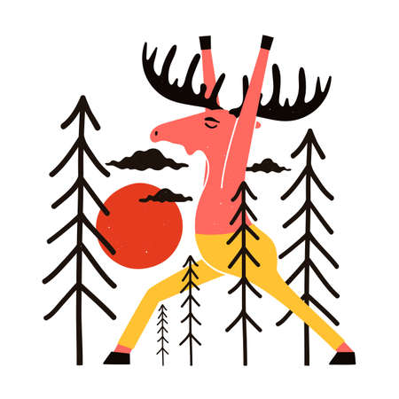Vector illustration with colored moose in yellow pants with sun and pine trees. Trendy print design with animal and nature forest landscapeのイラスト素材