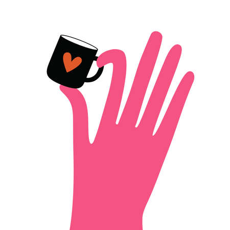 Vector illustration with pink hand holding cute coffee or tea cup with red heart. Funny print design, home decoration posterのイラスト素材