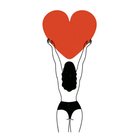Vector illustration with black and white long hair woman holding big red heart. Self love and care poster, greeting card templateのイラスト素材