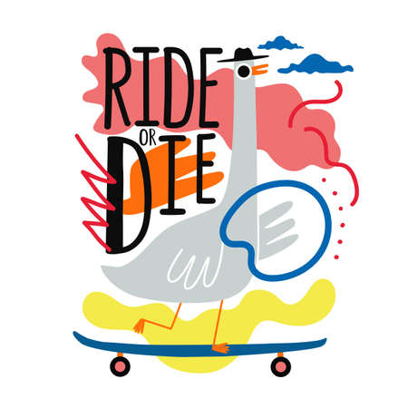 Vector illustration with goose ride on skateboard and lettering phrase. Ride or Die quote. Funny colored typography poster with animalのイラスト素材