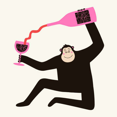 Vector illustration with funny gorilla with bottle and glass of red wine. Trendy print design, party flyer template.のイラスト素材