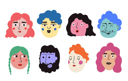 Vector set with men and women heads. Funny print design collection with peopleのイラスト素材