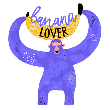 Vector illustration of monkey with banana fruit. Banana lover lettering phrase. Colored typography poster, print design with animalのイラスト素材