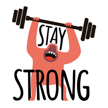 Vector illustration of gorilla with a barbell. Stay strong motivational phrase. Colored typography poster with animalのイラスト素材