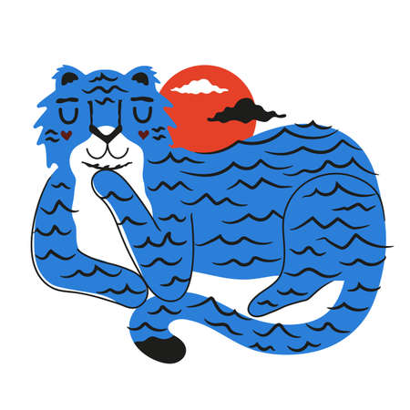 Vector illustration with blue tiger, doodle ocean waves as stripes, clouds and sun. Symbol of 2022 new year. Apparel print, greeting card, home decoration poster with cartoon style animalのイラスト素材