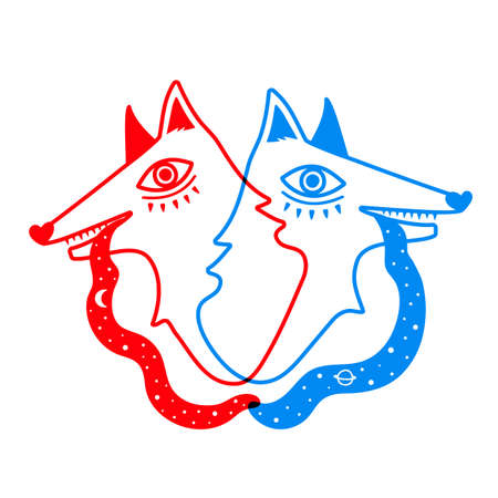 Vector illustration with blue and red heads of foxes or wolfs. Trendy romantic apparel print design, sticker templateのイラスト素材