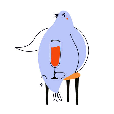 Vector illustration with sitting pigeon drinking wine. Funny party print design with animalのイラスト素材