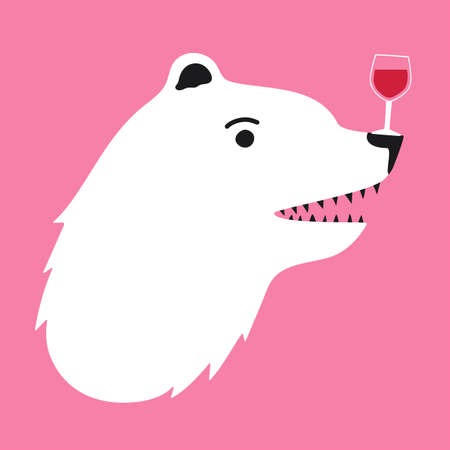 Vector illustration with white bear and glass of wine. Funny print design with animal, colored poster, stickerのイラスト素材