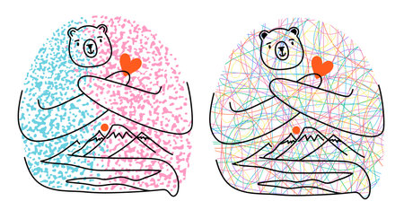 Vector illustration set with bears, abstract doodle lines, red heart mountain landscape. Colored poster designs with animal, trendy nature lover apparel print templateのイラスト素材