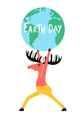 Vector illustration with moose in yoga pose with earth planet and small trees. Earth Day text. Colored typography poster with wild animal and globe.のイラスト素材