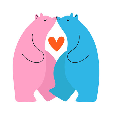 Vector illustration with pink and blue kissing bears. Cute print design with animalsのイラスト素材