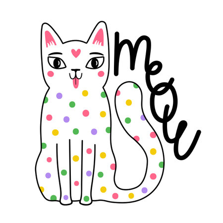 Vector illustration of cat with colored dots and lettering word Meow. Funny typography poster with domestic animalsのイラスト素材