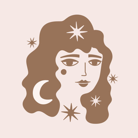 Vector illustration with beautiful young woman head with moon and stars in hair. Vintage fashion print design with girlのイラスト素材
