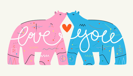 Vector illustration with kissing bears, red heart, abstract pattern and lettering words Love You. Colored typography poster with animals and calligraphy text.のイラスト素材