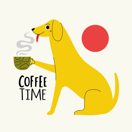 Vector illustration with dog and green cup. Coffee Time lettering phrase. Trendy typography poster with animal, cafe menu or wall decoration printのイラスト素材