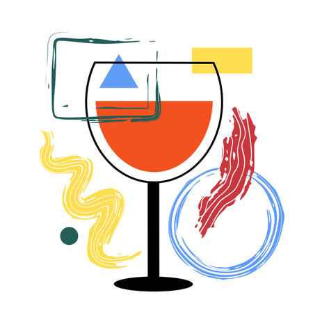 Vector illustration with black glass of red wine and abstract elements, geometric design.のイラスト素材
