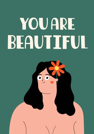 Vector illustration with beautiful woman and lettering phrase - you are beautiful. Trendy print design with text. Colored female typography posterのイラスト素材