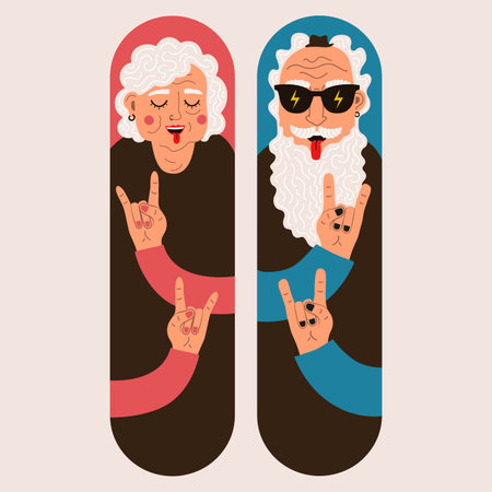 Cheerful smiling old man and woman showing hand rock sign. Fashion set, happy grandmother and grandfather illustration sticker pack, skateboard design template.のイラスト素材