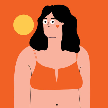 Vector summer time illustration card girl in red swimsuit with yellow sun. Vacation cartoon style template for greeting card, poster, flyer, banner.のイラスト素材