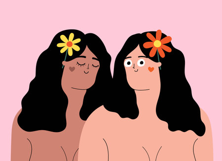 Vector illustration with women different skin colors and flowers. Cute apparel print design, friendship greeting card, sticker templateのイラスト素材