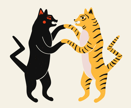 Vector illustration with black cat or puma and yellow tiger. Apparel print design, sticker templateのイラスト素材