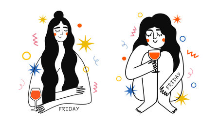 Vector illustration set with women with red wine glass and lettering word Friday. Cute print design collection with drink, party celebration abstract elements. Wall decoration poster, apparel printのイラスト素材