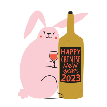 Vector illustration with pink rabbit and green bottle of wine. Happy Chinese New Year 2023. Greeting card for year of the rabbit, celebration print designのイラスト素材