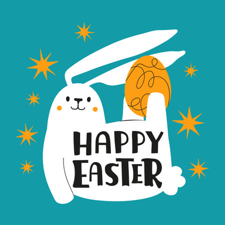 Vector illustration with egg, white rabbit, stars and lettering phrase. Happy Easter. Colored typography print design, greeting card templateのイラスト素材