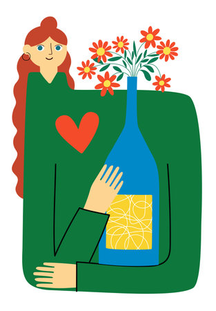Vector illustration with woman, wine bottle and flowers inside. Cute print design with drink, wall decoration posterのイラスト素材