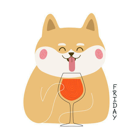 Vector illustration with shiba inu dog drinking red wine from wineglass and lettering word Friday. Cute apparel print design, cafe bar restaurant menu, wall decoration typography posterのイラスト素材