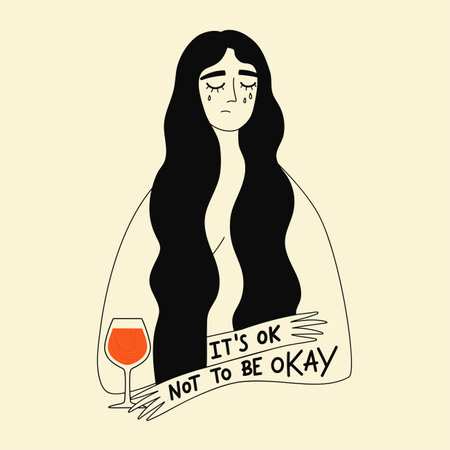 Vector illustration with woman holding wine glass and lettering quote. It's ok not to be okay. Red, black and white typography poster with sad face and acceptance phraseのイラスト素材