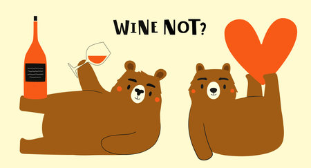 Vector illustration set with funny bears, heart, wine glasses and bottle. Wine Not lettering phrase. Print design with forest animal, restaurant wall poster, menu decoration element, greeting cardのイラスト素材