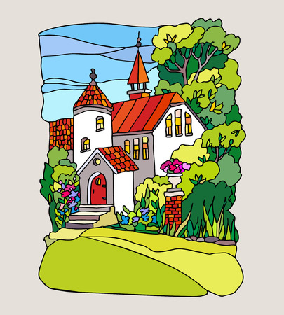 Stained glass style. Summer landscape with a beautiful mansionのイラスト素材