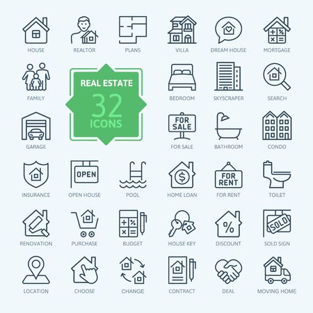 Real Estate minimal thin line web icon set. Included real estate, property, mortgage, home loan and more. Outline icons collection. Simple vector illustration.のイラスト素材