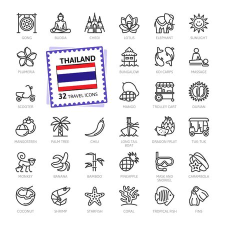 Thailand, Thai - minimal thin line icon web set. Outline icons collection. World Travel Tourism. Simple vector illustration.のイラスト素材