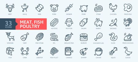 Meat, poultry, fish and eggs - minimal thin line web icon set. Outline icons collection. Simple vector illustration.のイラスト素材