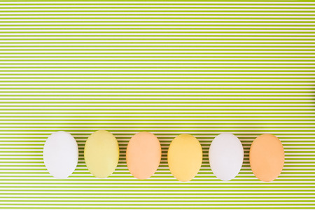 Flat lay horizontal row of colorful eggs on a greenery striped background.  Pastel colors. Easter card. Negative space for textの写真素材