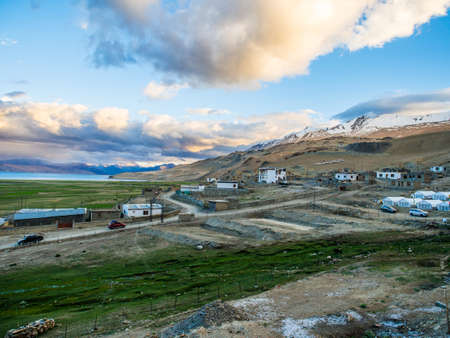 Tso Moriri Lake near Karzok Village with beautiful mountain and rainbowの写真素材