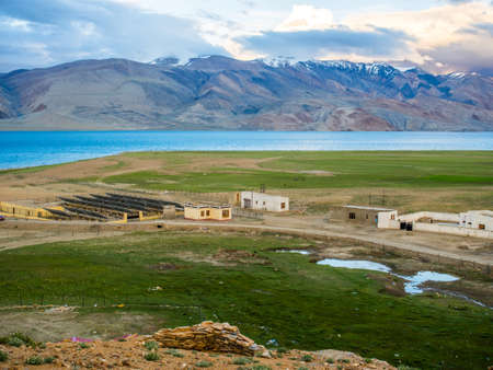 Tso Moriri Lake near Karzok Village with beautiful mountainの写真素材