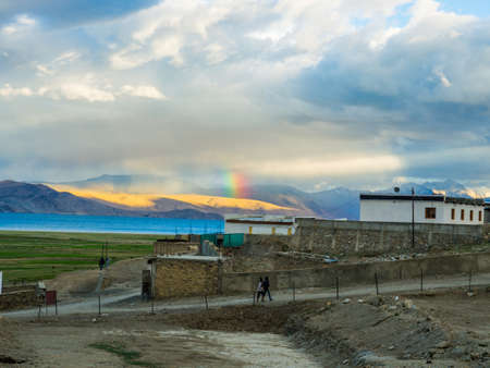 Tso Moriri Lake near Karzok Village with beautiful mountain and rainbowの写真素材