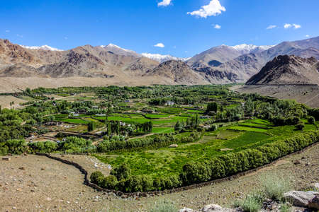 Nature Landscape with mountain background along the highway in Leh Ladakh, Indiaの写真素材