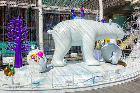 Bangkok, Thailand : December 3, 2017  Christmas Decoration with Christmas Tree, Santa Claus Sculpture, Reindeer and other cartoon characters in front of Central World Shopping Centerのeditorial素材