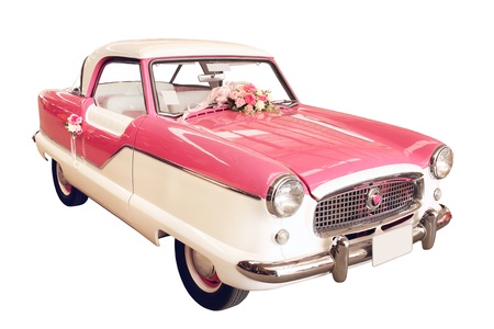 Vintage car decorated for wedding isolated on white backgroundの写真素材