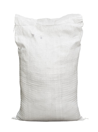 White canvas sack with full fertilizer isolated on white backgroundの写真素材