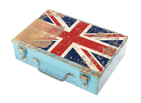 Rusty metal box with England flag on lid isolated on white backgroundの写真素材