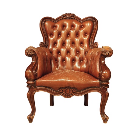 Brown luxury leather armchair isolated on white backgroundの写真素材